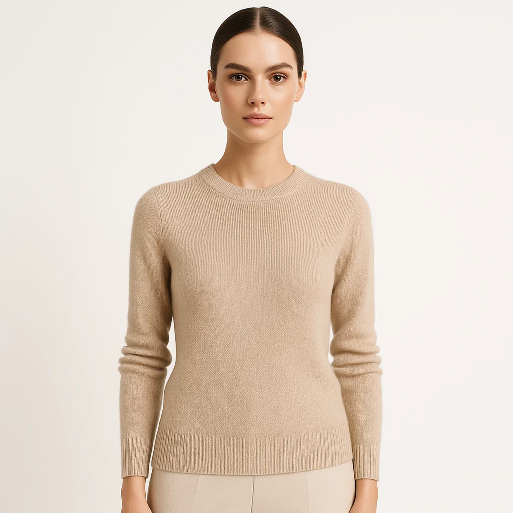 Model in beige knit top, high-quality knitwear manufacturer and wholesale supplier for fashion brands