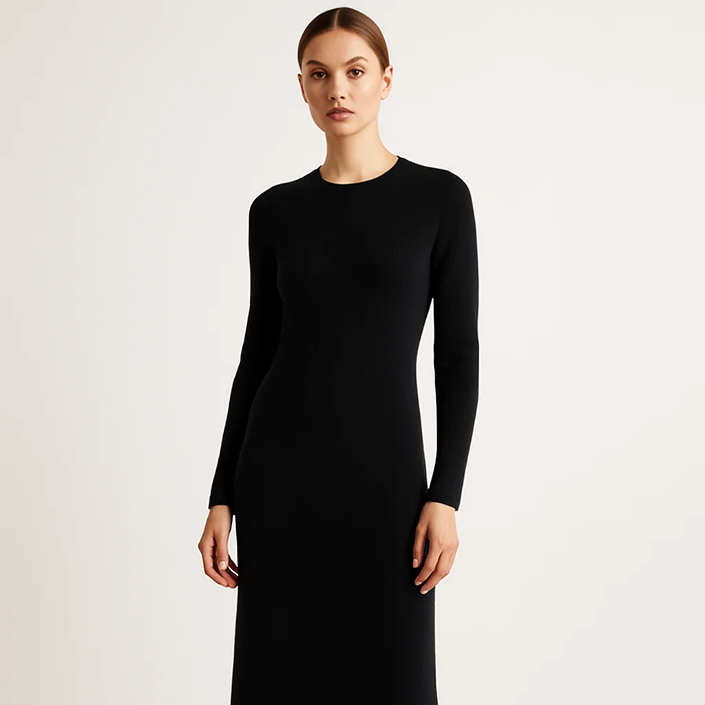 Model in black knit long sleeve dress, professional knitwear manufacturer and supplier for B2B buyers