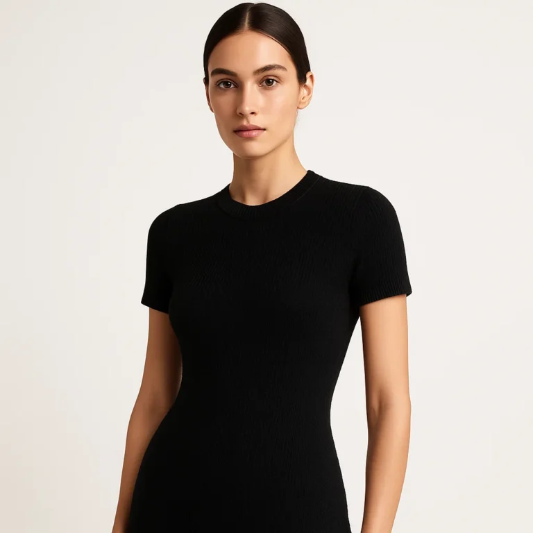 Female model wearing black knit short sleeve dress, luxury knitwear OEM factory for bulk orders