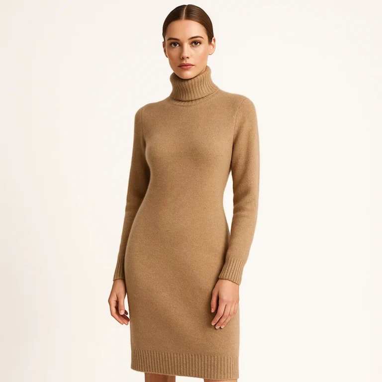 Stylish model in camel sweater dress, refined wool knit design
