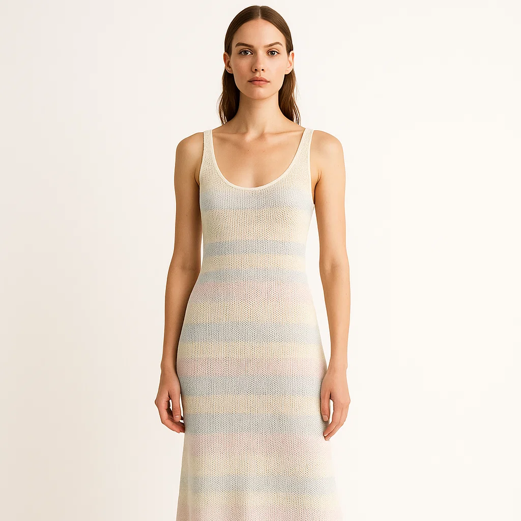 Model showcasing cotton blend knit summer dress, lightweight luxury look
