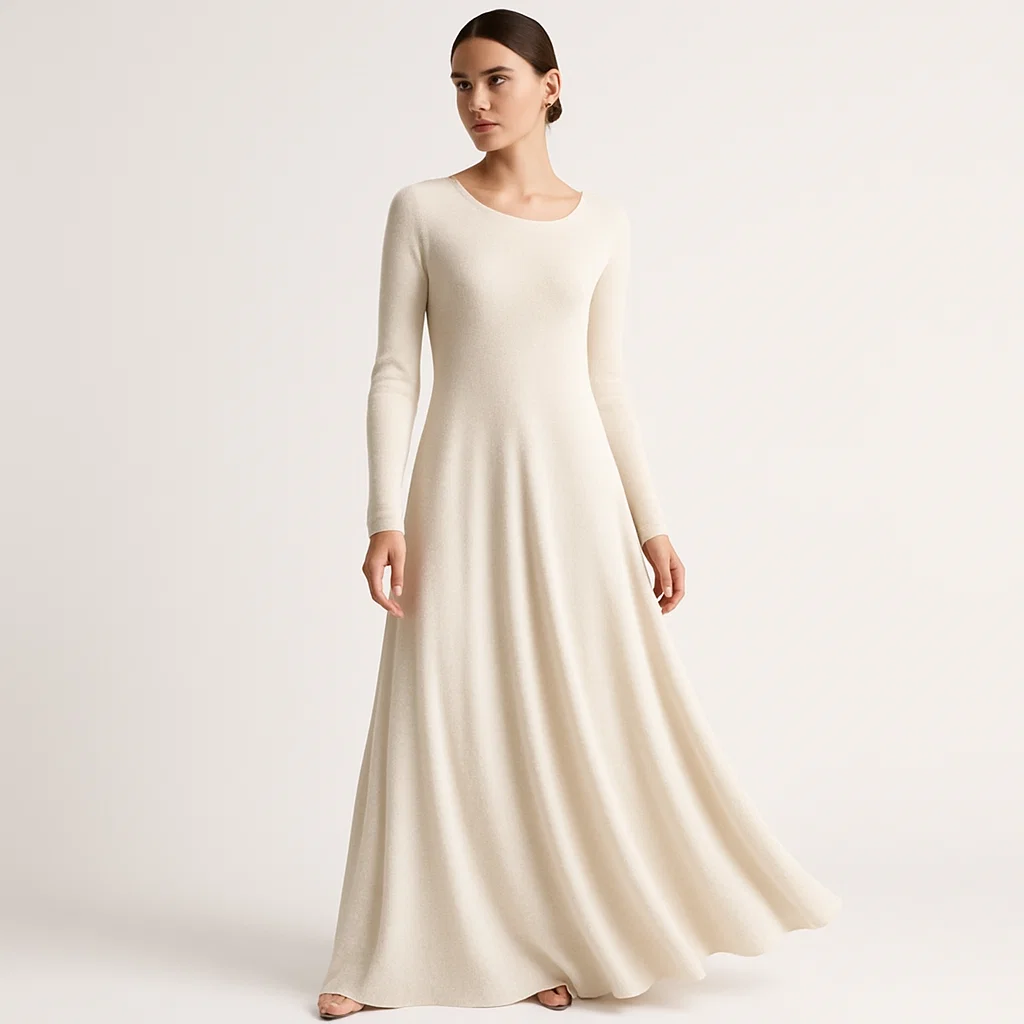 Female model wearing cotton knit maxi dress, elegant high-end look