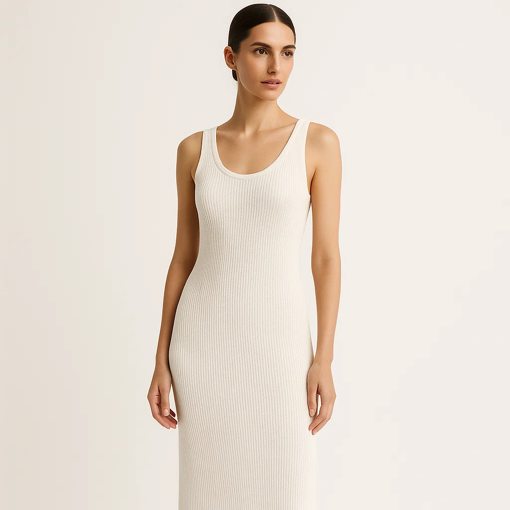 Model in cotton knit midi dress, refined and high-quality knitwear