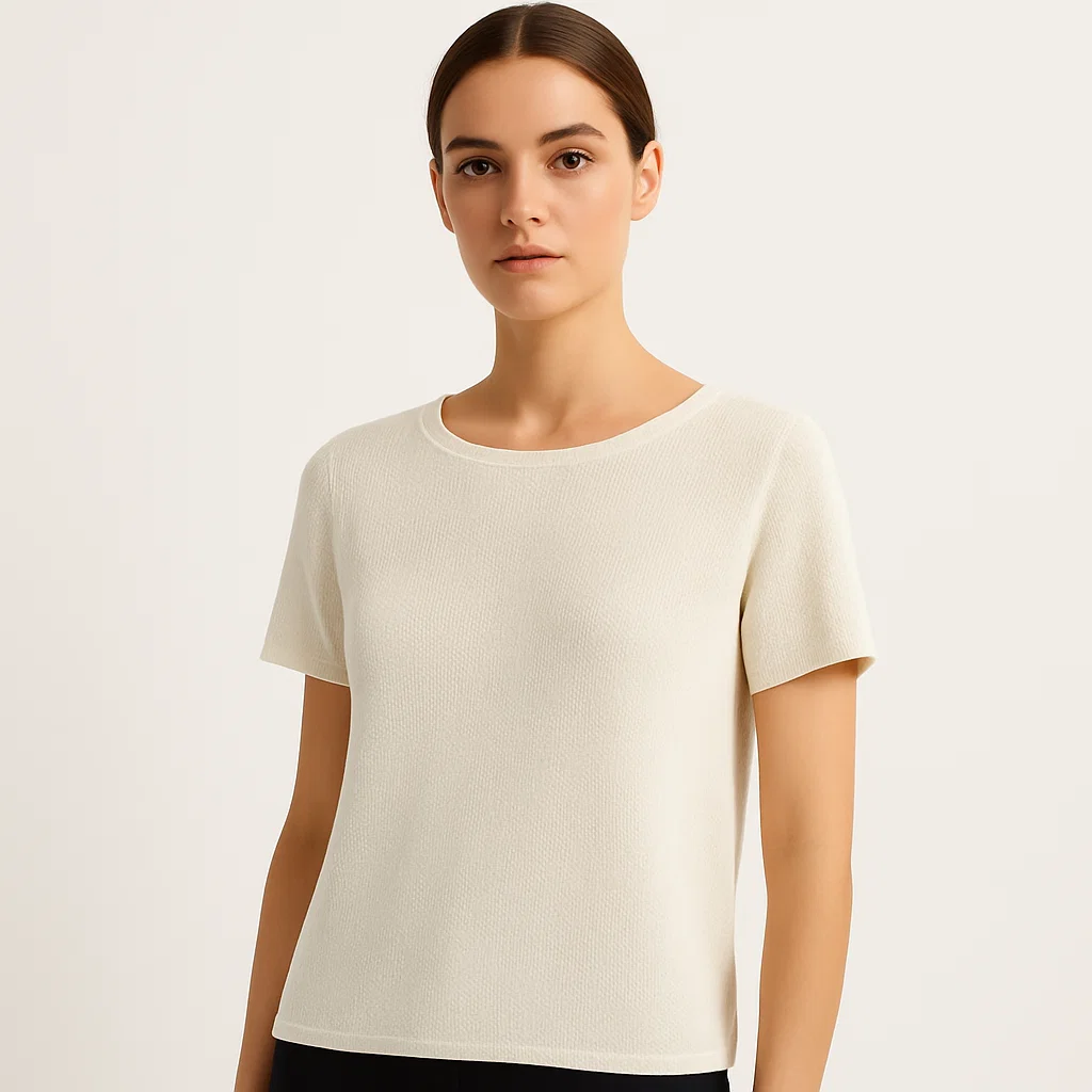 Female model wearing cotton knit top, professional knitwear manufacturer and wholesale supplier for apparel companies