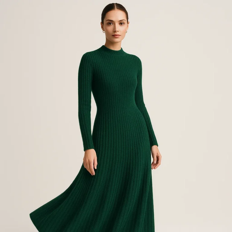Female model in emerald green long knit dress, refined luxury look