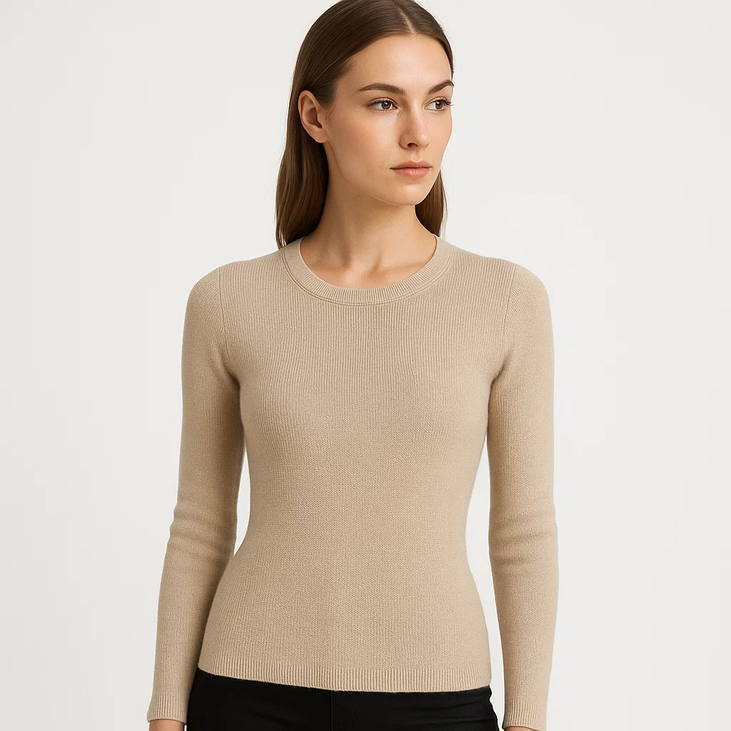 Model in fitted knit top, knitwear factory manufacturer and OEM supplier for B2B customers