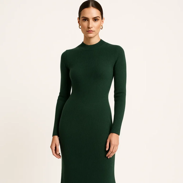 Female model in forest green knit dress, elegant premium style