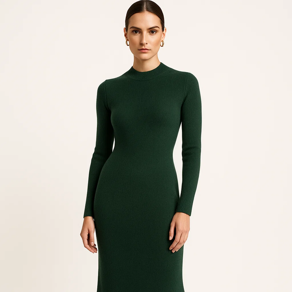 Female model in forest green knit dress, elegant premium style