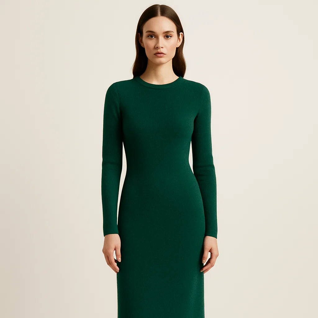 Elegant model in green knit dress, timeless knitwear design