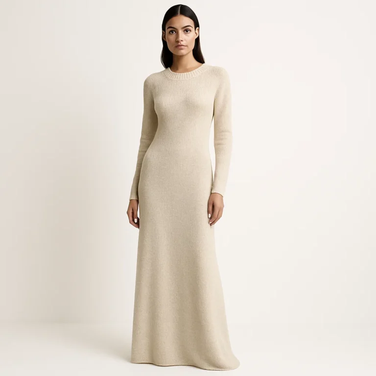 Female model wearing knit maxi dress with sleeves, premium knitwear