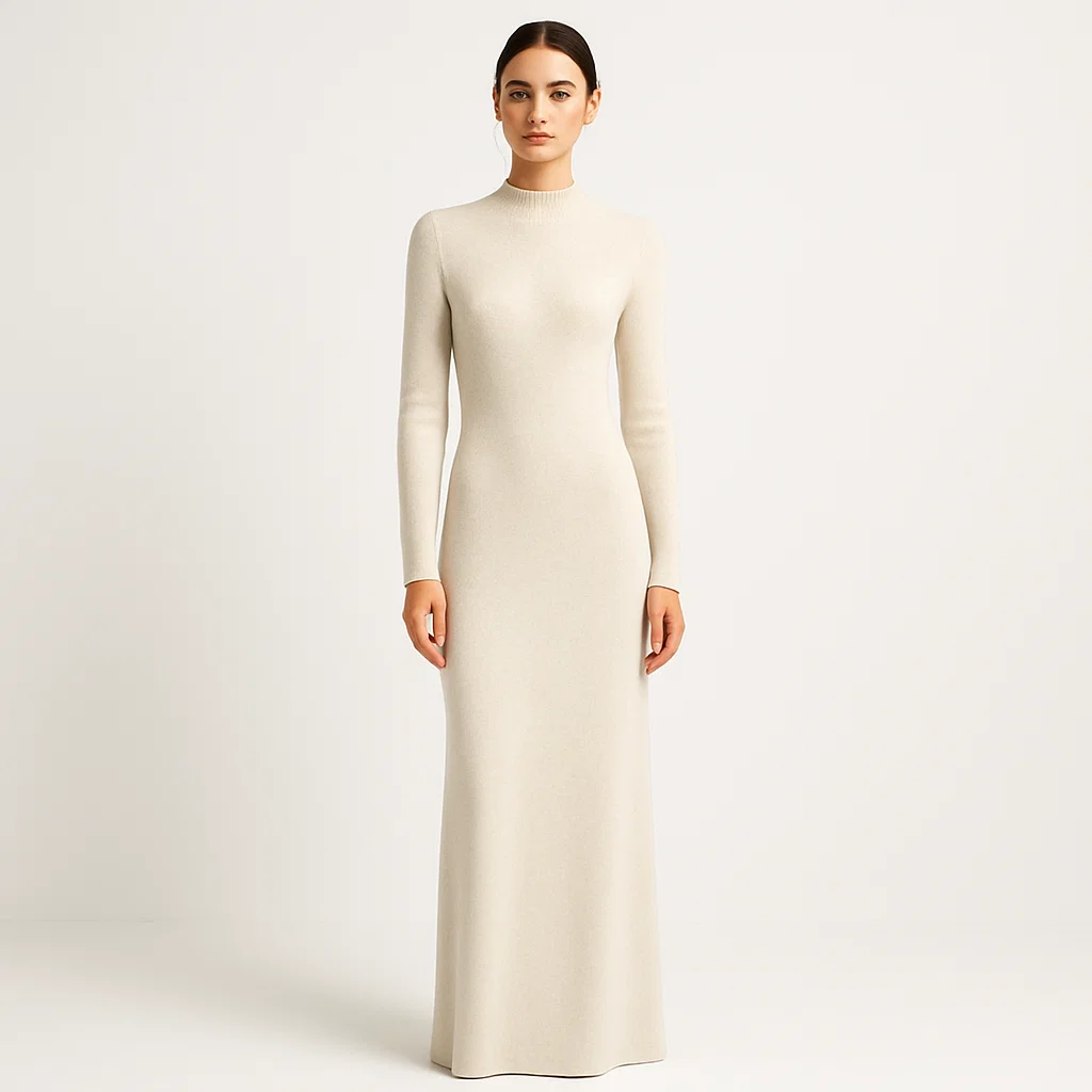 Model in knit maxi dress, premium knitwear supplier and OEM manufacturer for global fashion brands