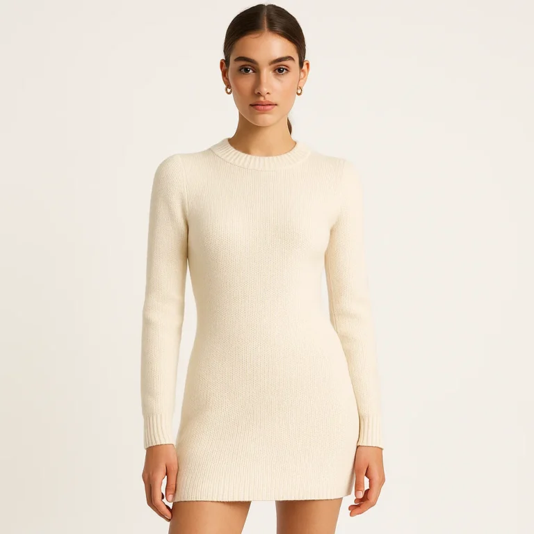 Stylish model in knit mini dress, knitwear factory supplier offering wholesale and custom designs