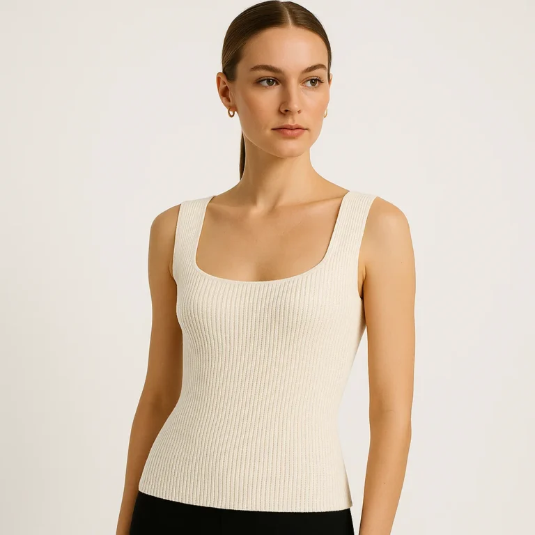 Elegant model wearing knit top for women, knitwear factory manufacturer for wholesale and custom production