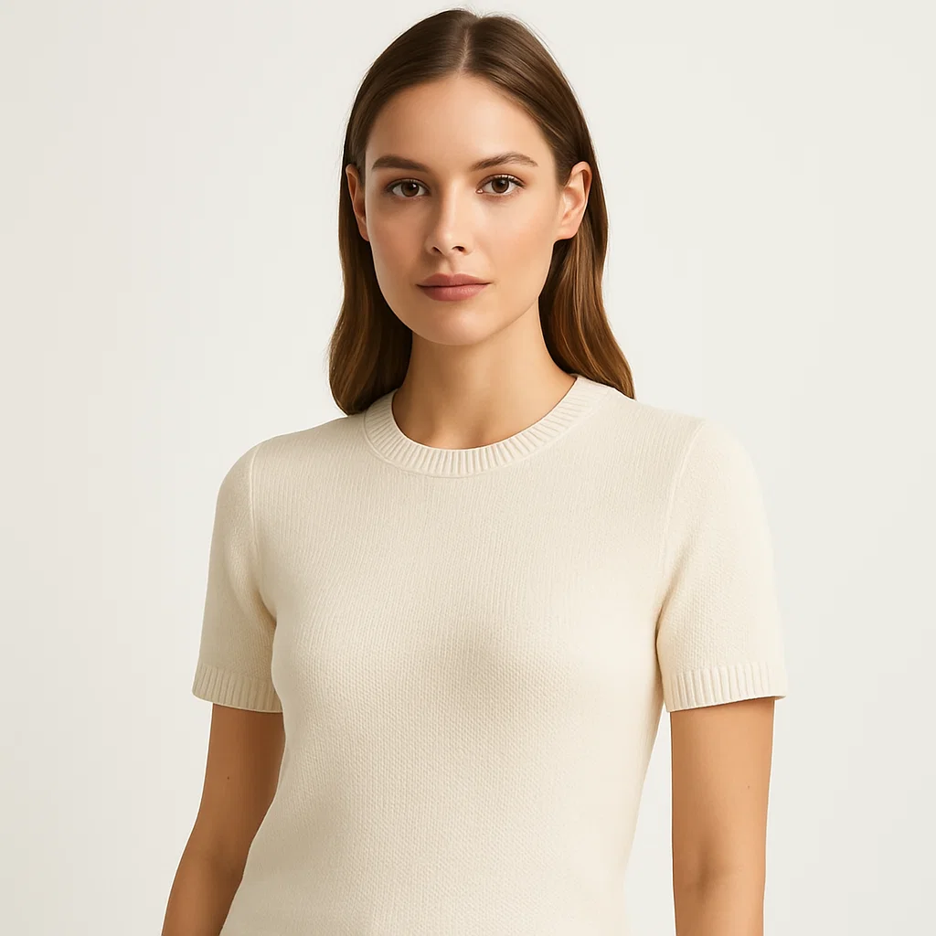 Female model in knitted short sleeve top, knitwear supplier and factory manufacturer for women’s apparel