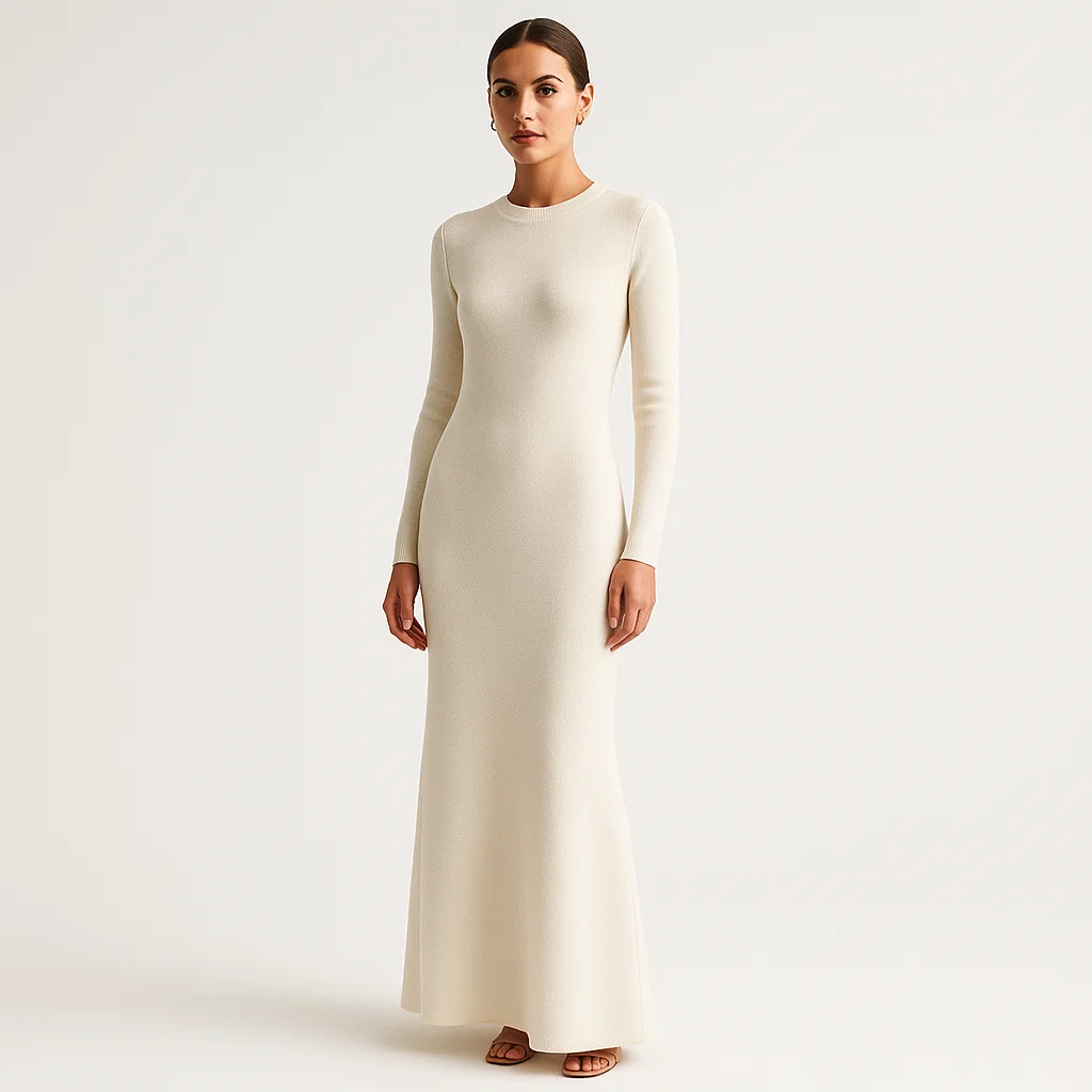 Model in long sleeve knit maxi dress, custom knitwear manufacturer and wholesale supplier for fashion companies