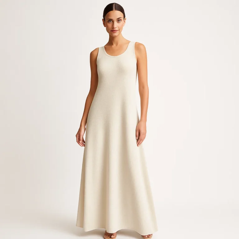 Model in sleeveless knit maxi dress, elegant luxury style