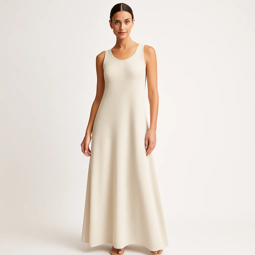 Model in sleeveless knit maxi dress, elegant luxury style