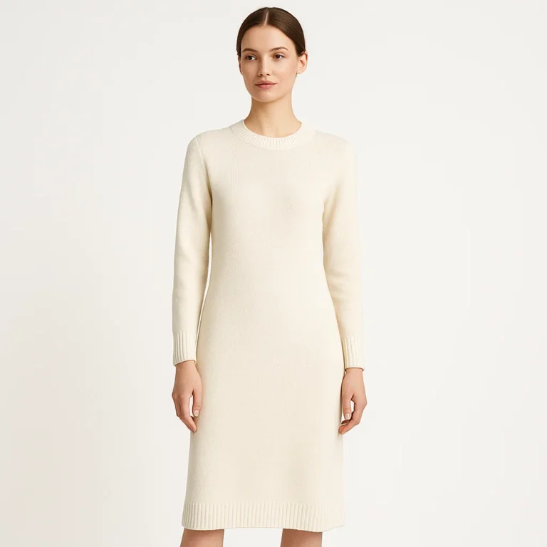 Elegant woman in cotton knit dress, luxury knitwear factory production