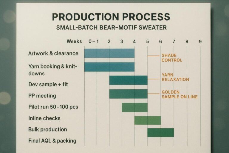 Small-batch sweater production timeline from artwork to final AQL with risk-control callouts