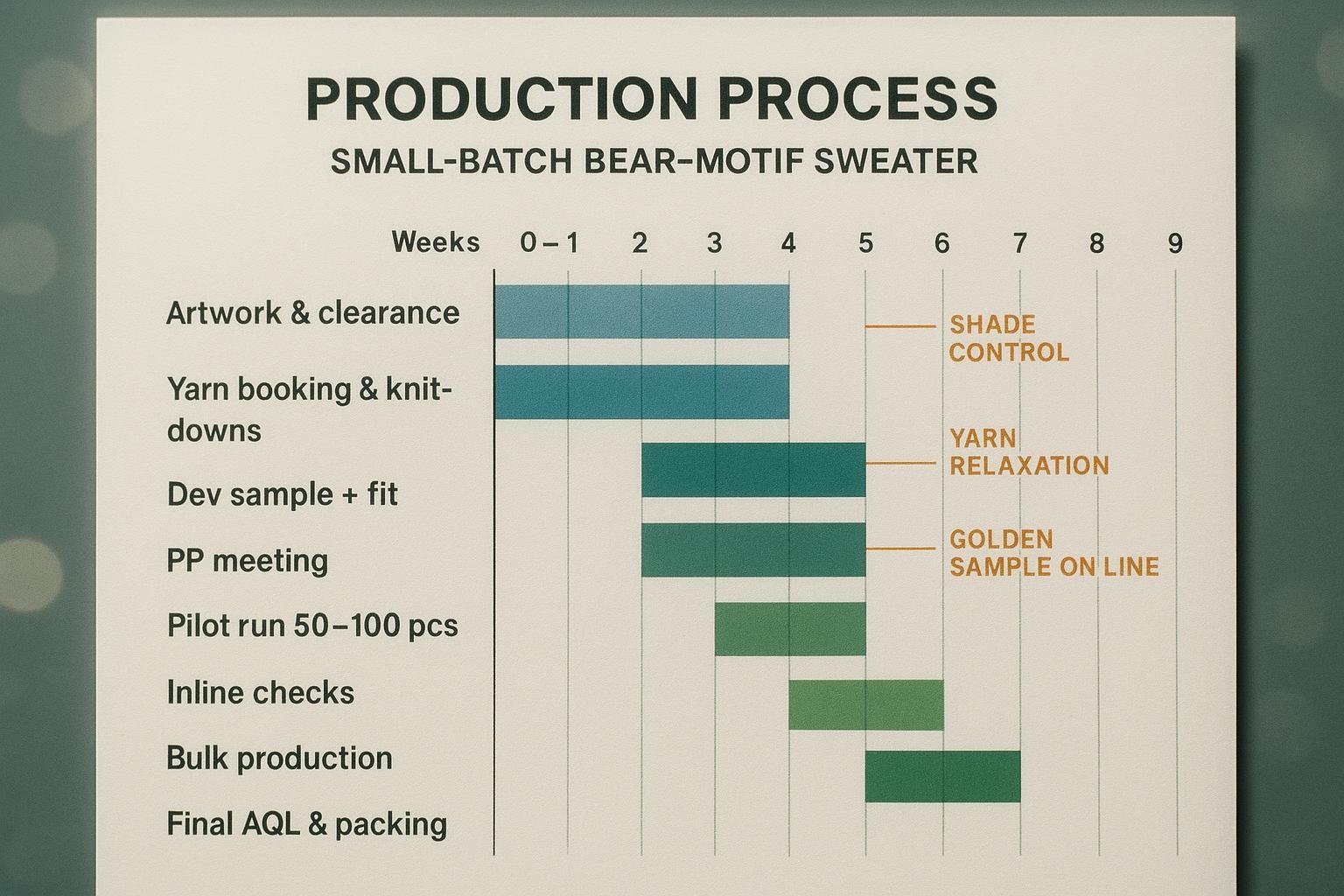 Small-batch sweater production timeline from artwork to final AQL with risk-control callouts