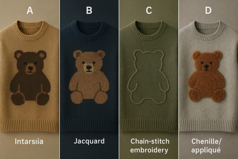 Infographic comparing intarsia, jacquard, chain‑stitch embroidery, and chenille/appliqué for bear‑motif sweaters