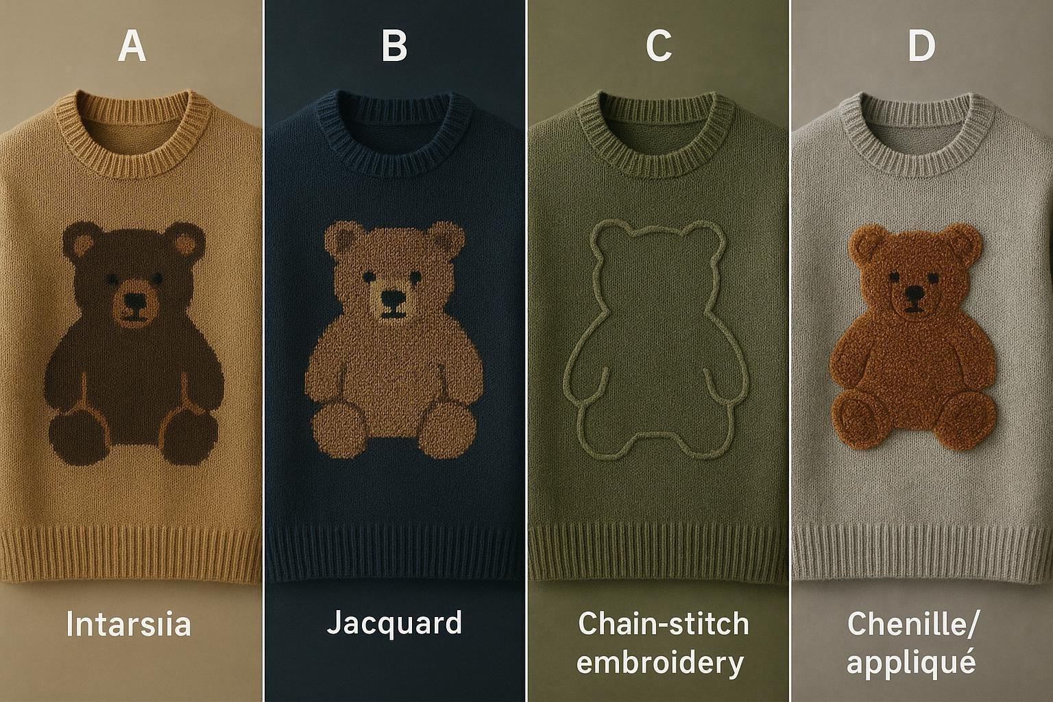Infographic comparing intarsia, jacquard, chain‑stitch embroidery, and chenille/appliqué for bear‑motif sweaters