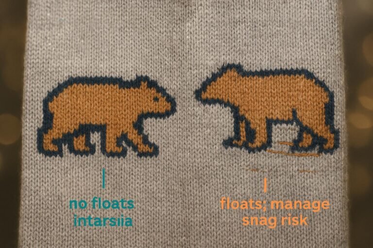 Annotated close‑up of sweater backs showing intarsia without floats and jacquard with floats
