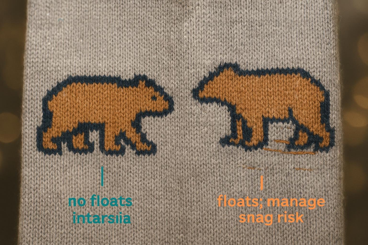 Annotated close‑up of sweater backs showing intarsia without floats and jacquard with floats