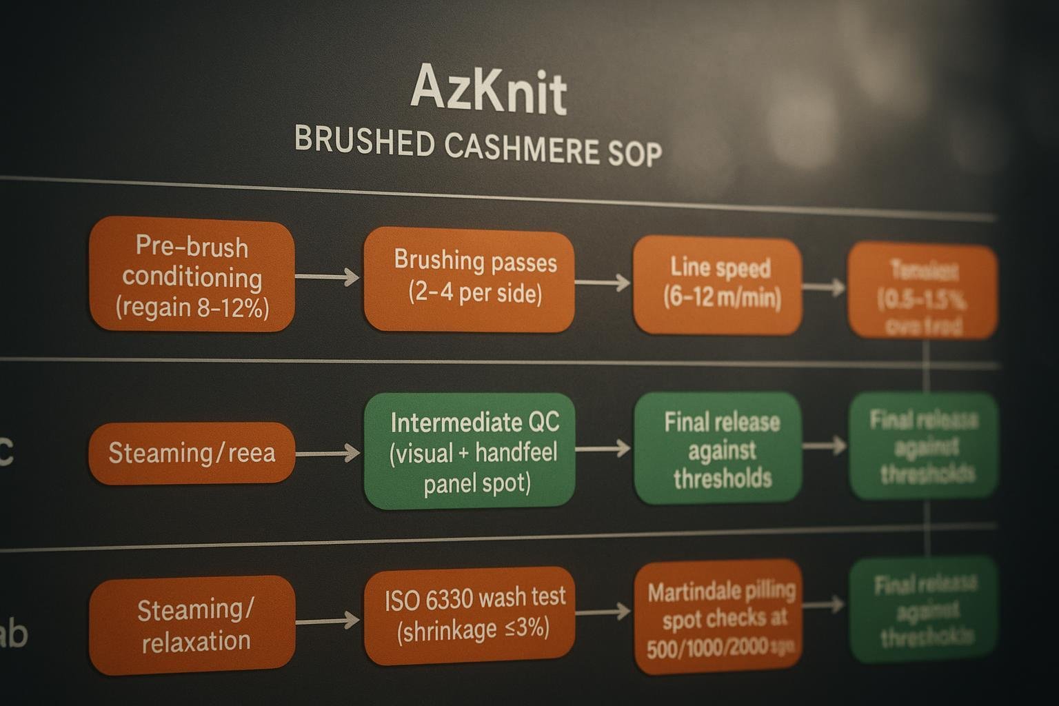 Swimlane diagram of AzKnit brushed cashmere SOP with parameter ranges and QC checkpoints