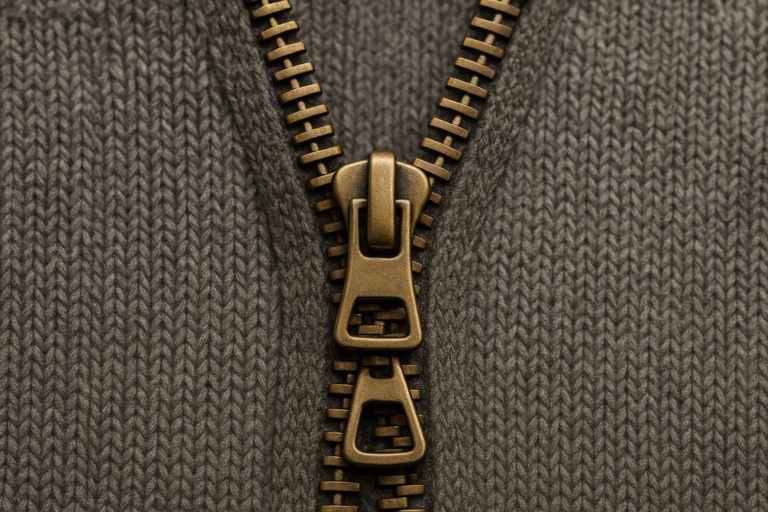 Close-up of an antique-brass two-way metal zipper on knit fabric, representing a YKK vs generic cost comparison