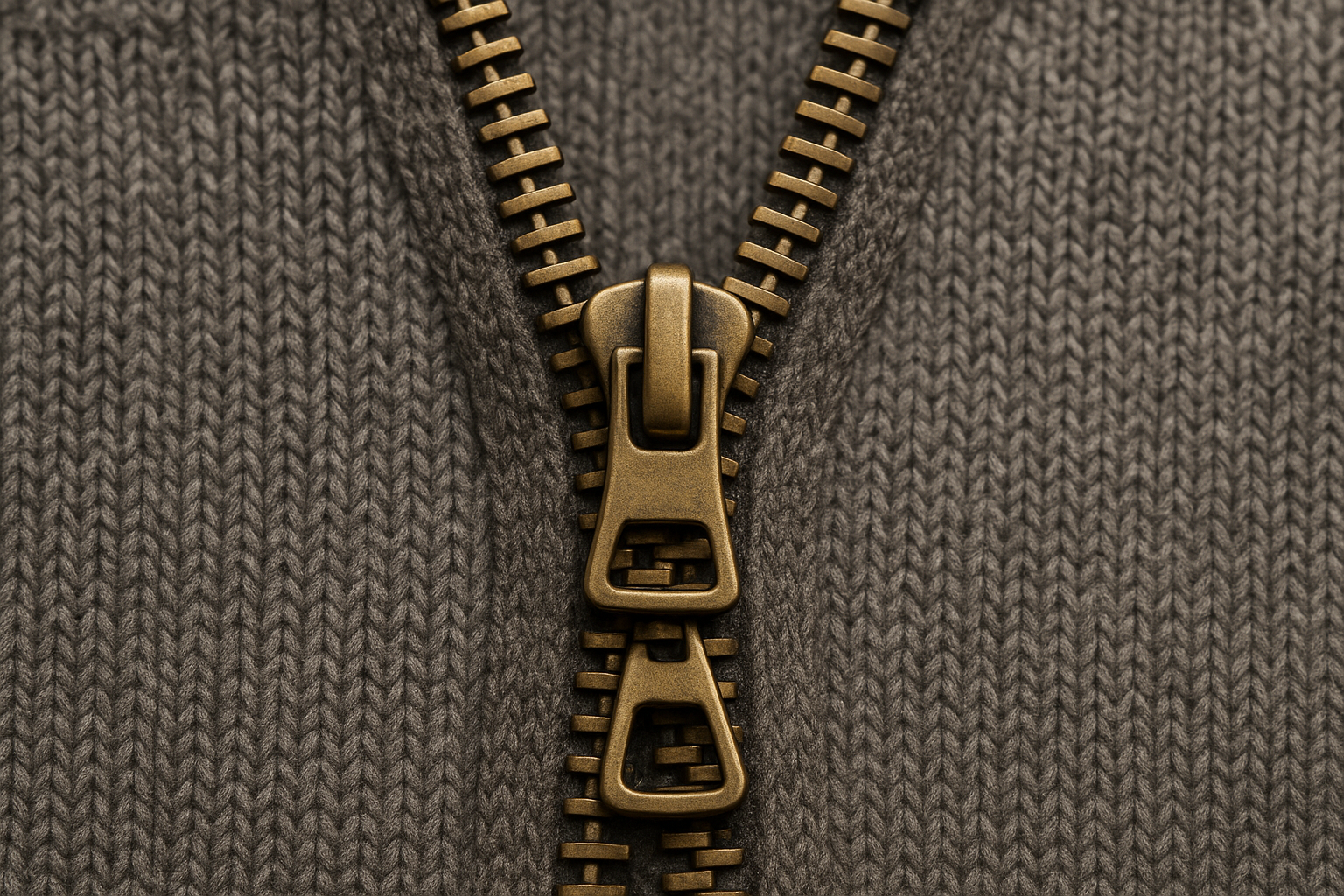 Close-up of an antique-brass two-way metal zipper on knit fabric, representing a YKK vs generic cost comparison