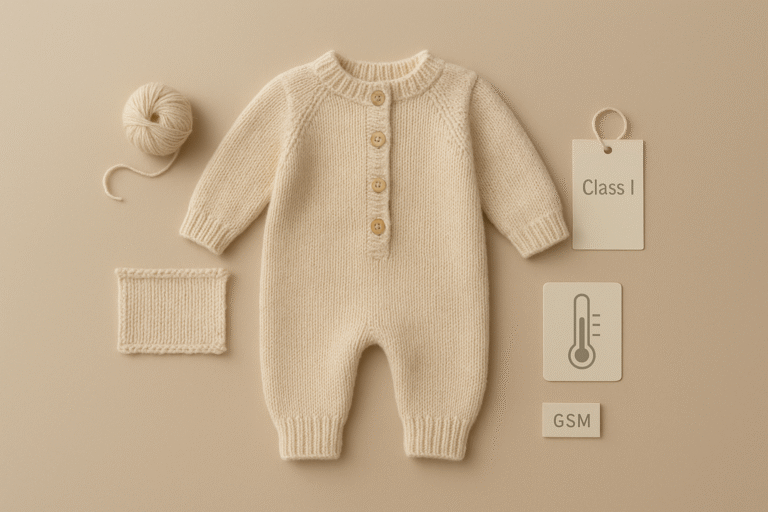 Featured image: flat-lay of an unbranded knitted newborn onesie with yarn swatch and tags for Class I safety, temperature, and GSM