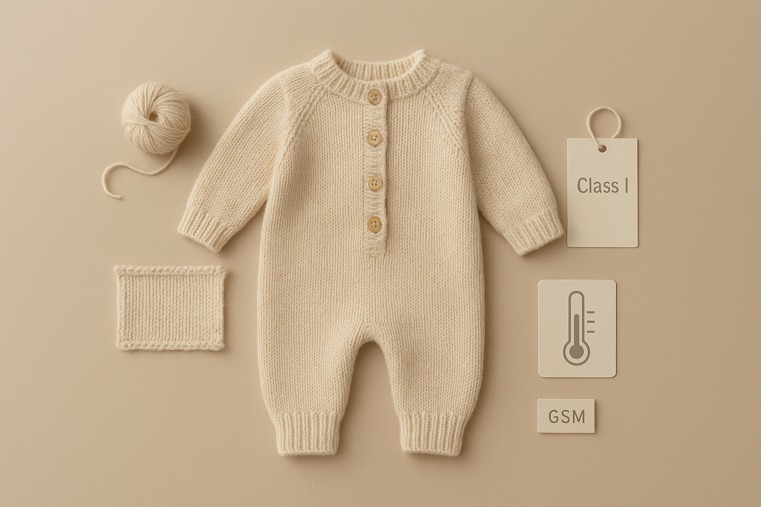 Featured image: flat-lay of an unbranded knitted newborn onesie with yarn swatch and tags for Class I safety, temperature, and GSM