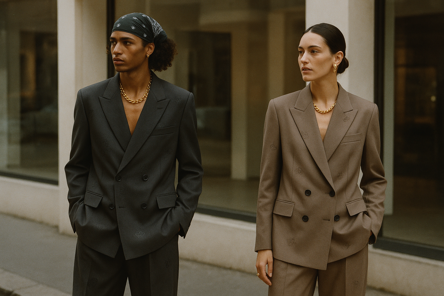 Cinematic street-style photo inspired by Zara x Willy Chavarria oversized tailoring and bold jewelry