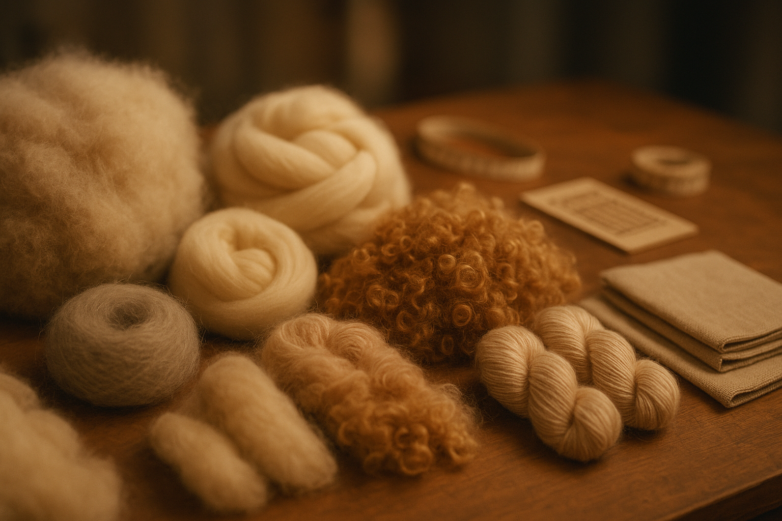 Cinematic photo of luxury natural fibers and knit swatches on a designer worktable