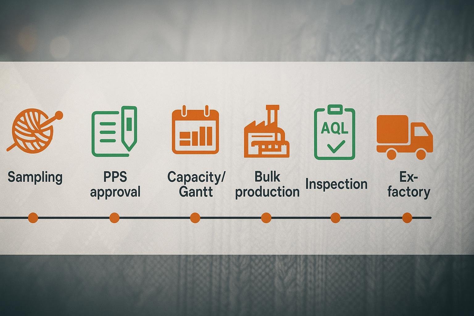 Cover image showing knitwear production timeline from sampling to ex‑factory with argyle and cable textures