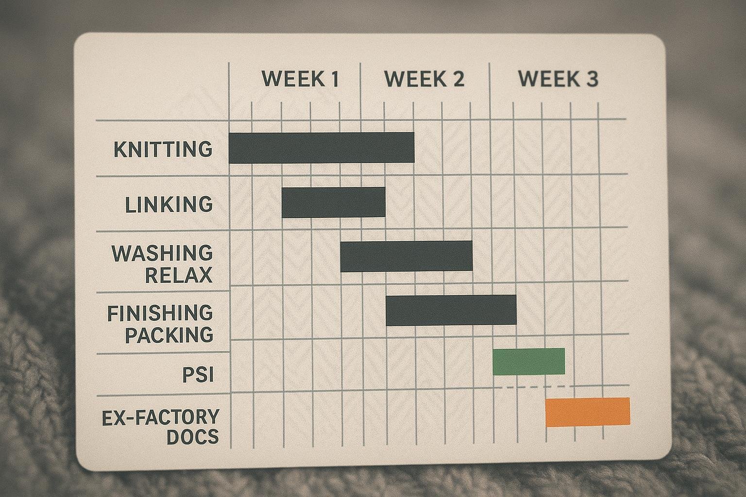 Mini Gantt of 3‑week knitwear bulk plan with overlapping stages and inspection buffer