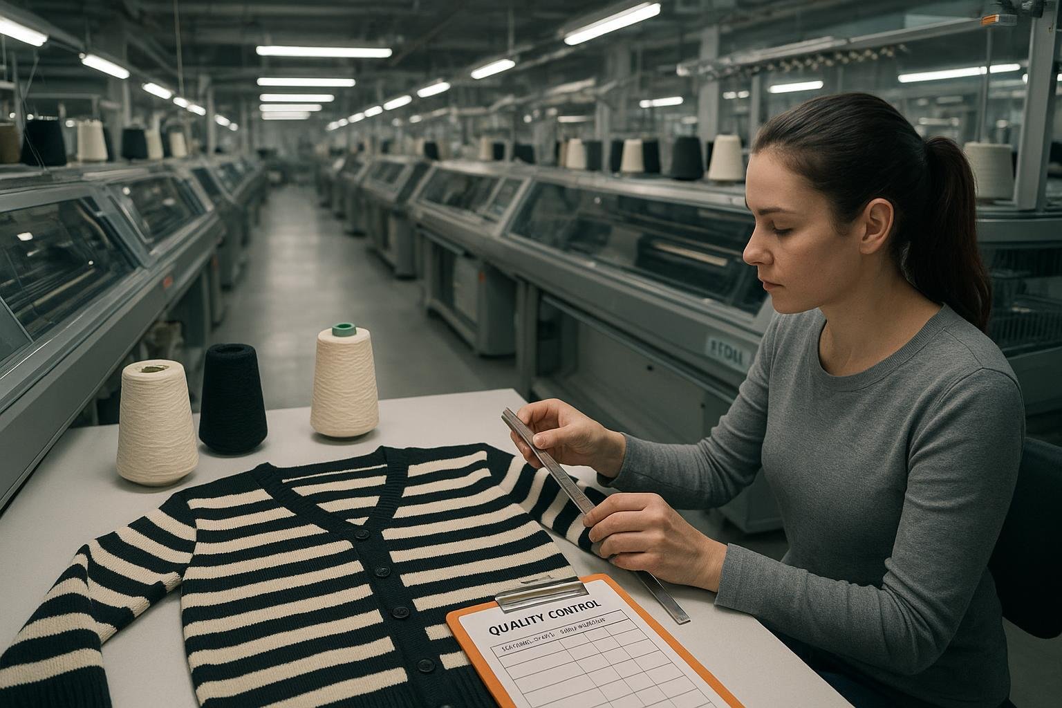Modern flat-knit factory measuring stripe alignment on a striped cardigan panel