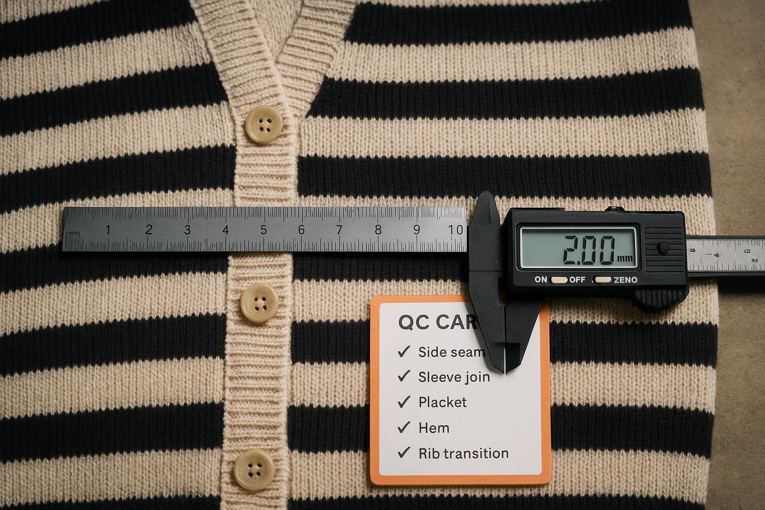 Close-up measuring stripe alignment at cardigan placket with tape and caliper