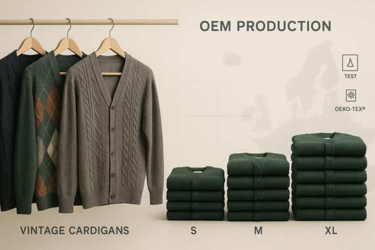 Cover image contrasting vintage golf cardigans with OEM-produced retro cardigans for EU/UK market