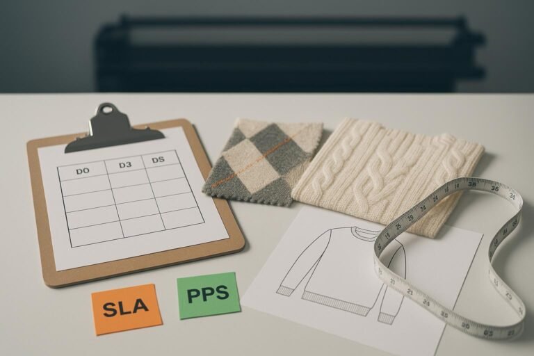 Procurement-grade hero image with 3–5 day sampling calendar, argyle and cable-knit swatches, and modern-fit sketch at AzKnit sample room