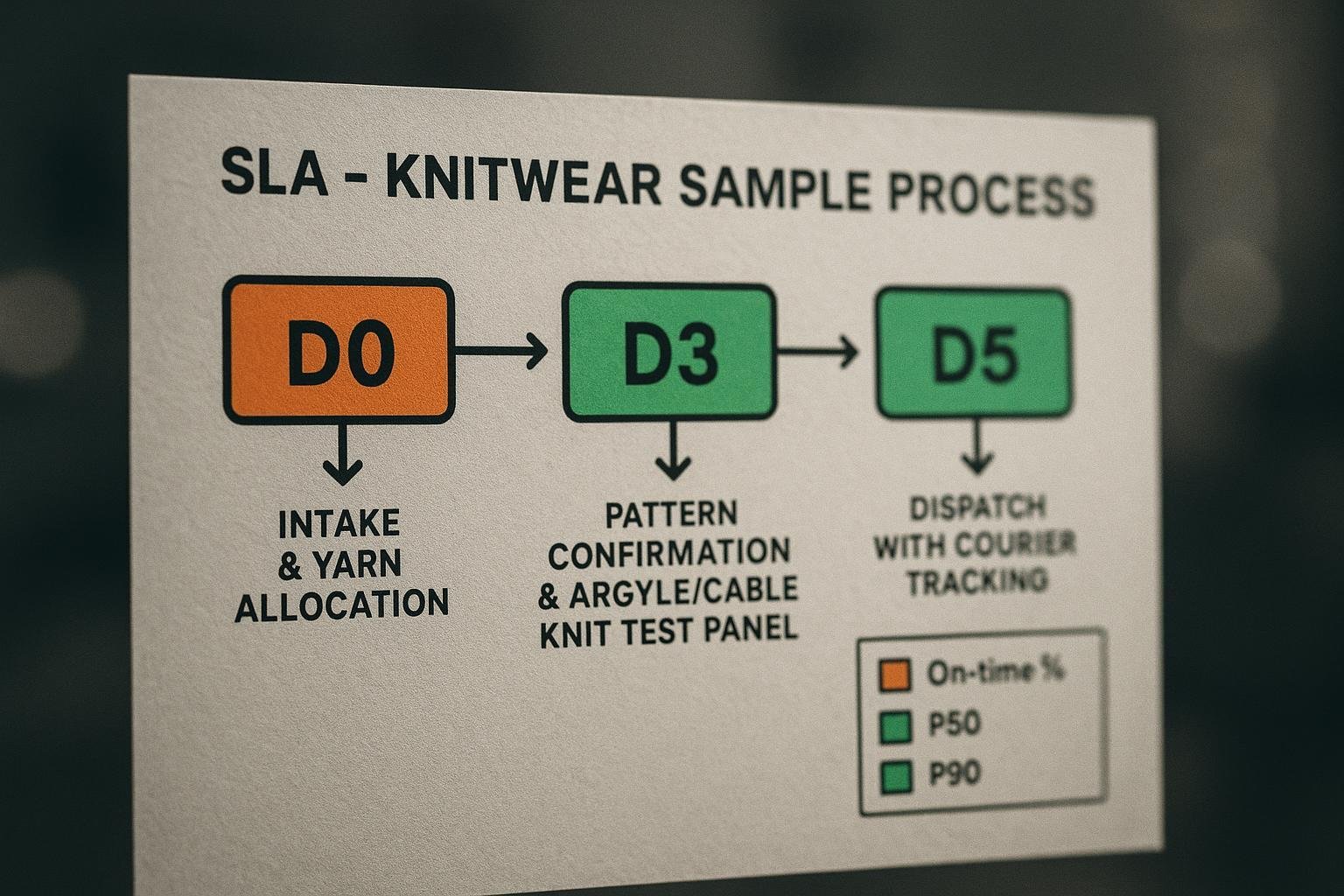 Conceptual SLA calendar showing D0, D3, D5 sample milestones for knitwear