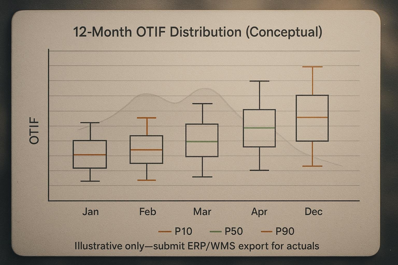 Conceptual OTIF distribution boxplot with percentile markers