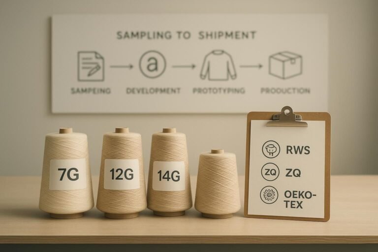 Merino yarn cones by gauge with certification icons and a development timeline in a knitwear studio