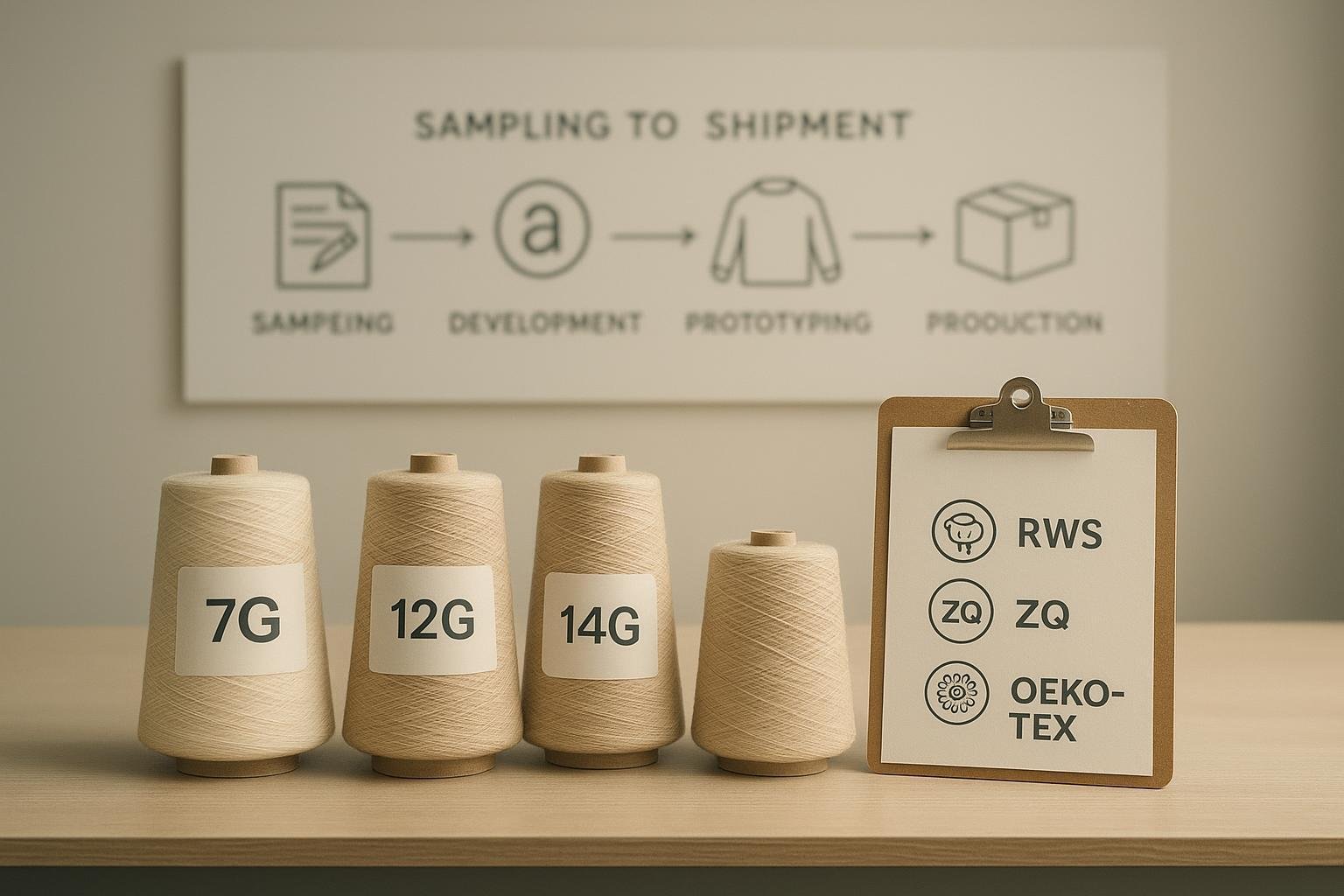 Merino yarn cones by gauge with certification icons and a development timeline in a knitwear studio