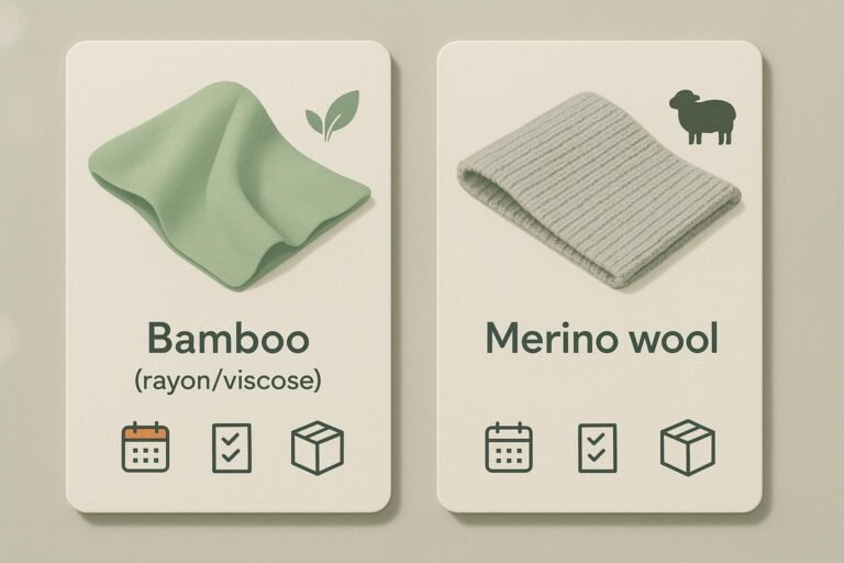 Cover illustration comparing bamboo viscose and merino wool knit fabrics with procurement icons