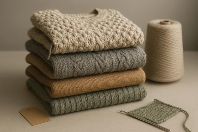 Stack of handmade women’s pullover sweaters showing cables, popcorn stitches, and hand-linking detail on a neutral studio background