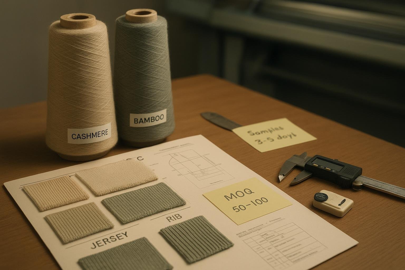 Knitwear design desk with cashmere and bamboo yarn, swatches, and a 3–5 day sampling note