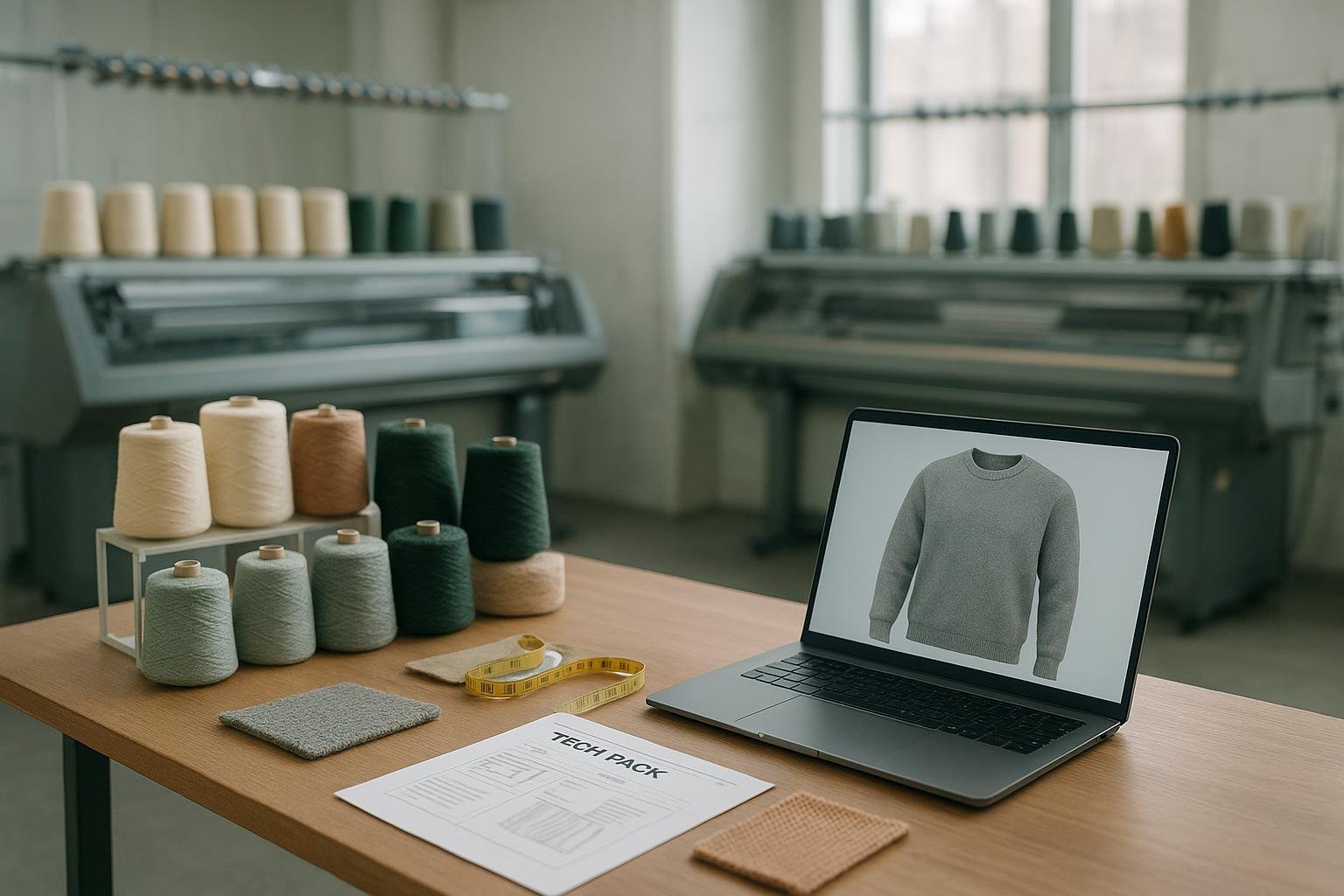 Knitwear prototyping studio with flat knitting machines, yarn cones, and sample swatches on a worktable
