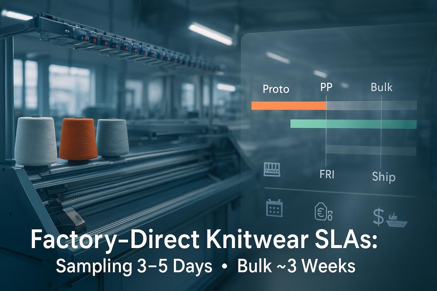 Cover image showing a flat knitting machine with an overlaid Gantt timeline from sampling to bulk production, highlighting 3–5 day sampling and ~3 week bulk SLAs.